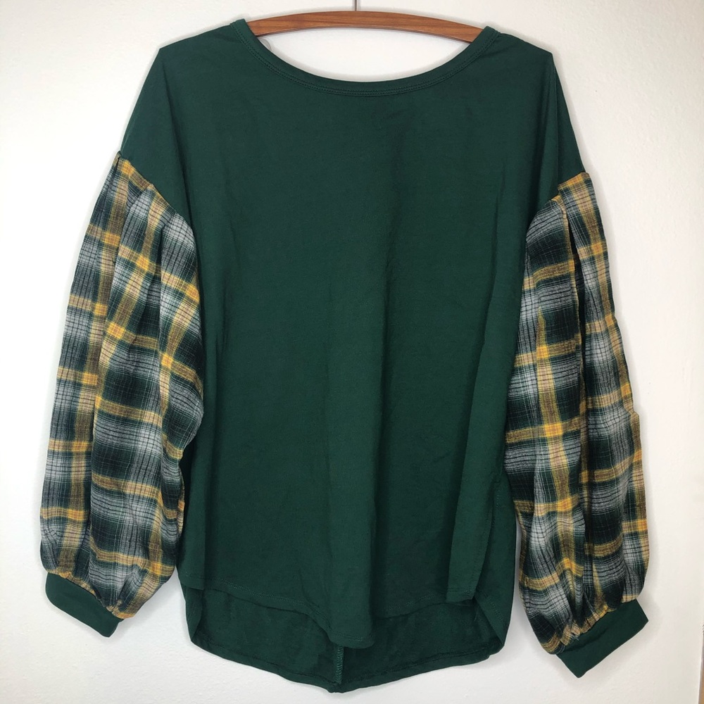 Umgee Green Plaid Puff Balloon Long Sleeves Top Sz S Holidays Boho Chic